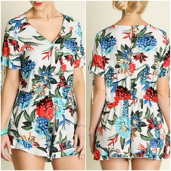 Umgee Pants - Umgee Tropical Hawaiian Floral Jungle Blue Romper